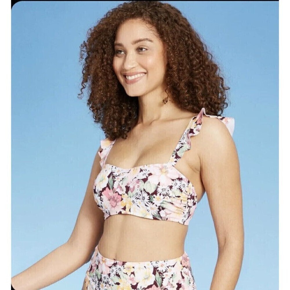 Shade & Shore Women's‎ Ruffle Strap Bralette Bikini Top Cream Brown Pink 36C